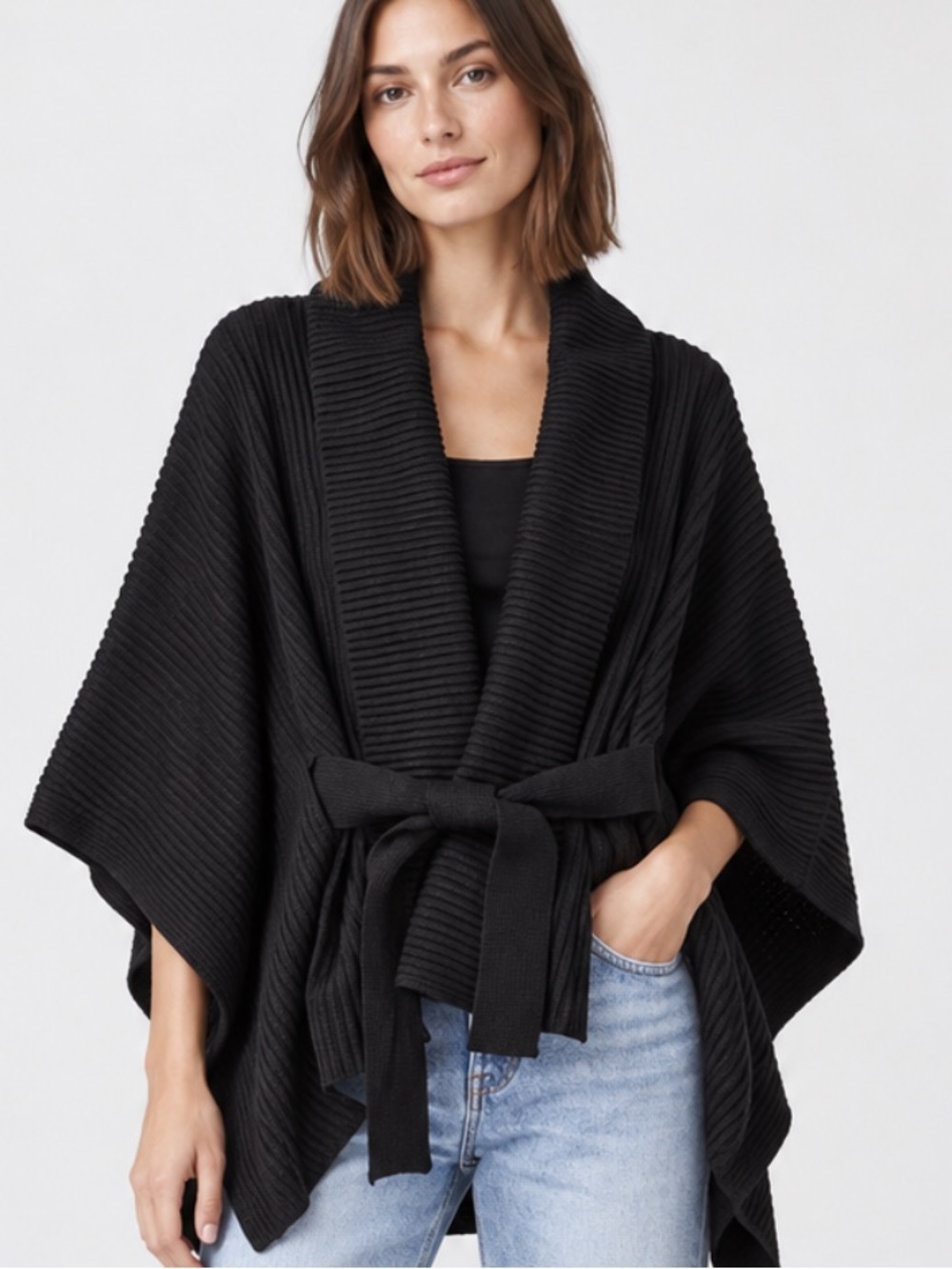 Ralph Lauren Heritage Ribbed Belted Sweater Poncho in Black